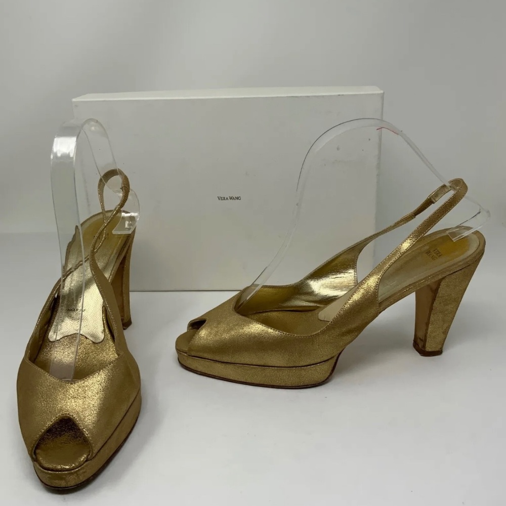 Vera Wang Gold Metallic Leather Peep Toe Slingback High Heels Shoes 9